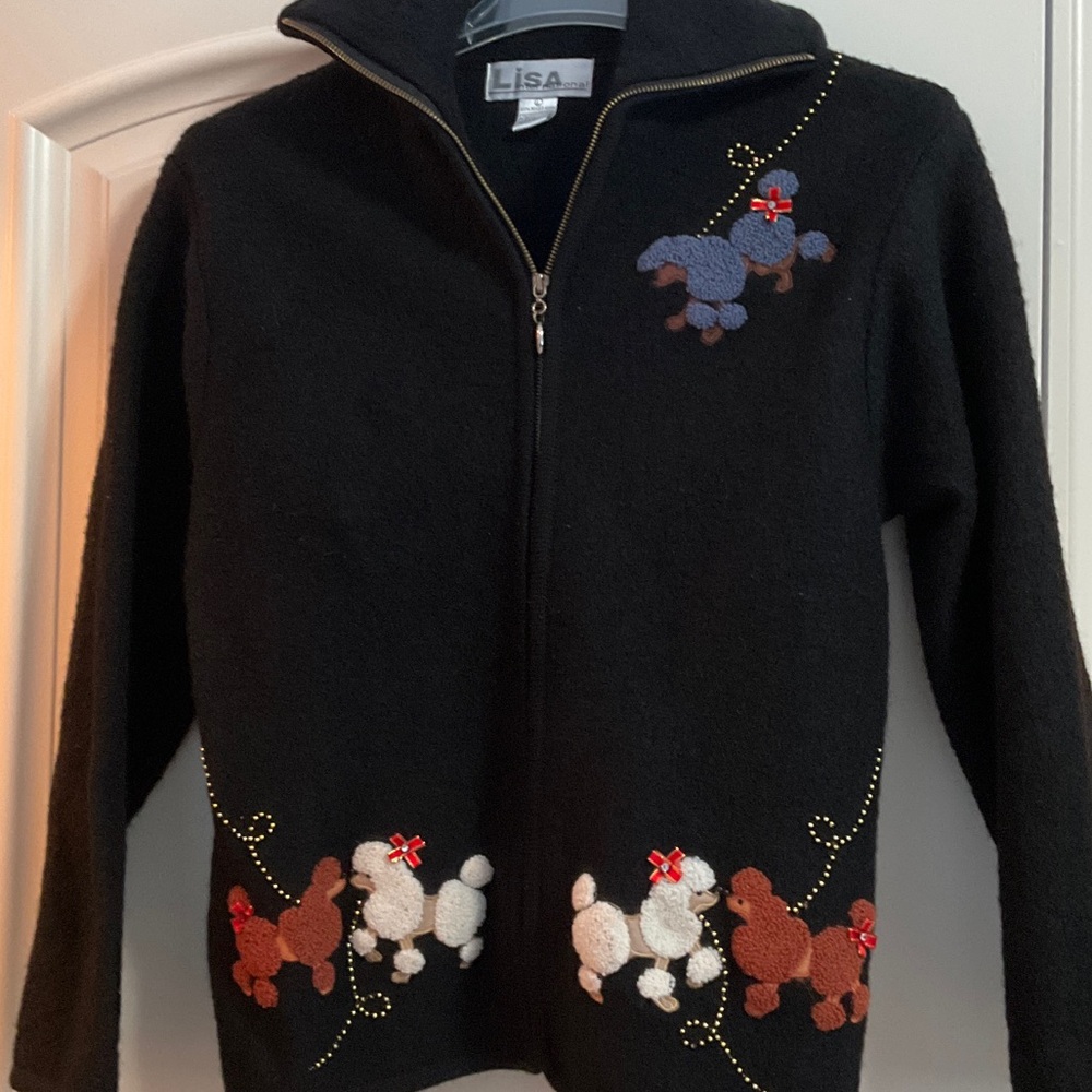 Vintage Black Poodle Embroidered Boiled Wool Sweater Zippered Jacket